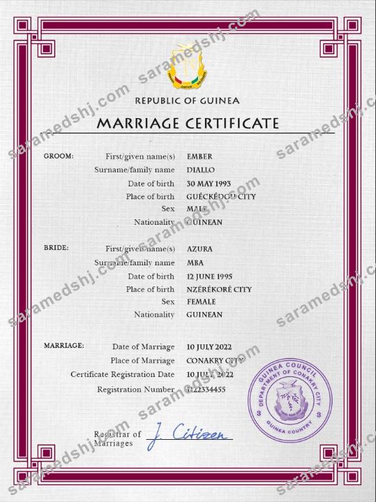 Guniea marriage certificate PSD template